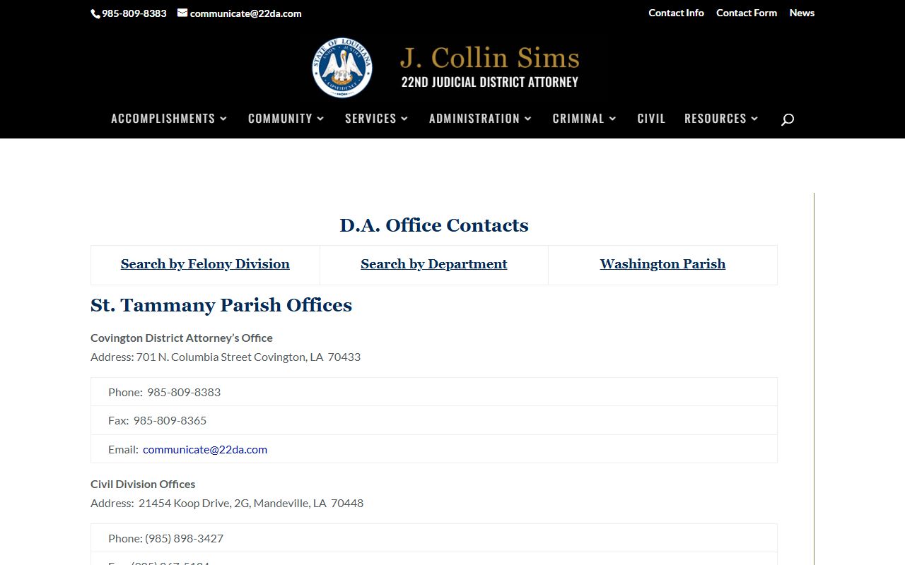 St. Tammany Parish criminal court records District Attorney contact page