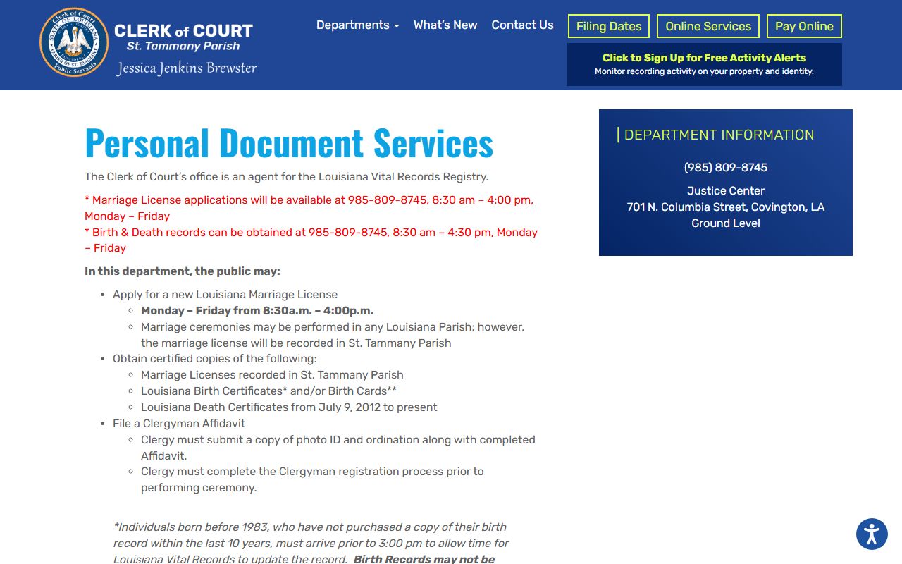 St. Tammany Parish marriage records Clerk personal documents