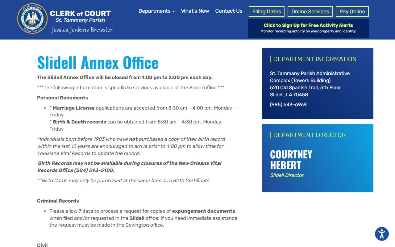 St. Tammany Parish marriage divorce records Clerk Slidell Annex